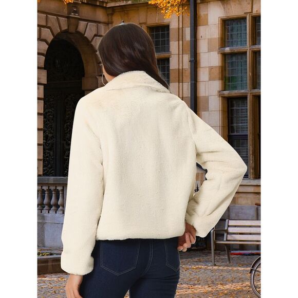 Women's Winter Cropped Jacket Notch Lapel Faux Fur Fluffy Coat Dark Beige - Picture 5 of 5